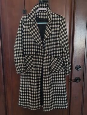 Women's Black & Cream Houndstooth Long Pea Coat
